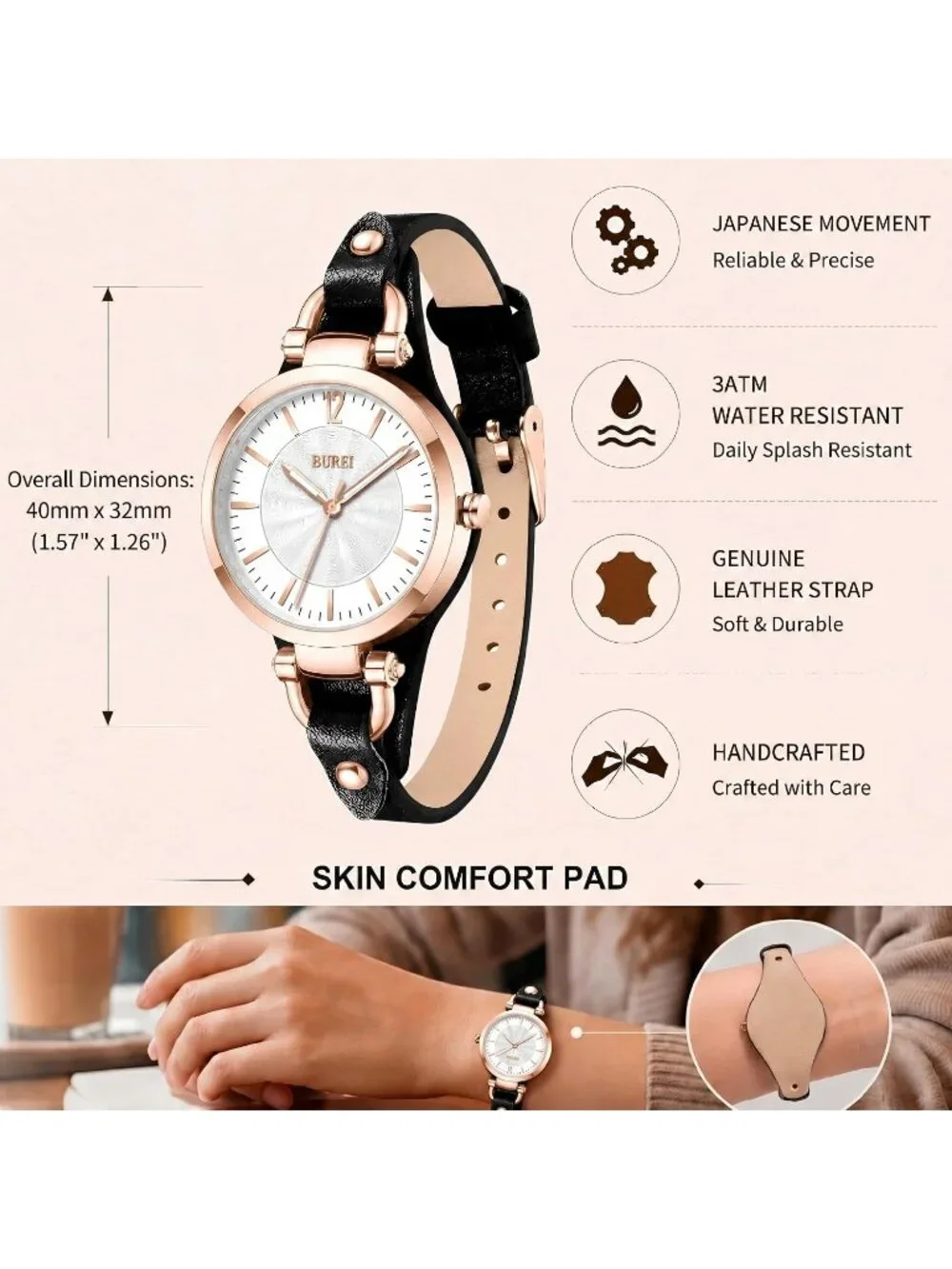Women's Rose Golden Black Simple Leather Strap Bracelet Band Analog Quartz Watch